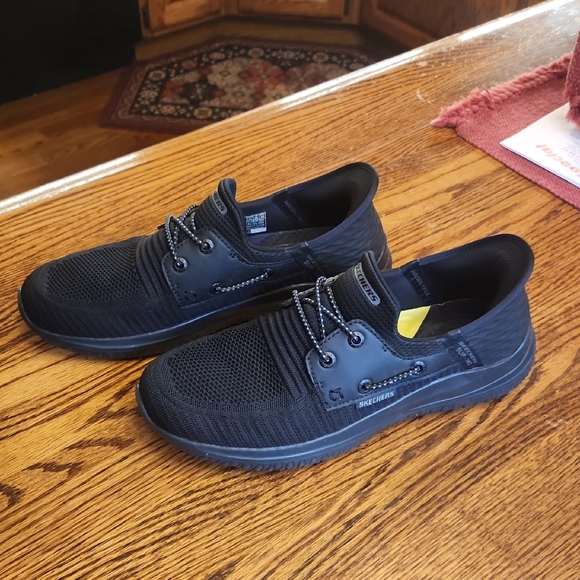 Skechers Men's Black Knit Slip-On Casual Sneakers with Yellow Insole Accent